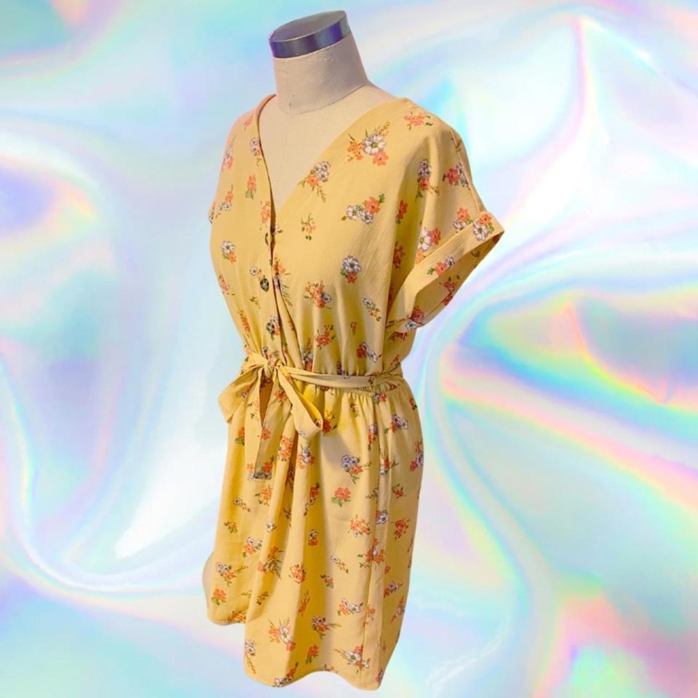 Floral Yellow Flowy Dress with Tie and Dolman Sleeves